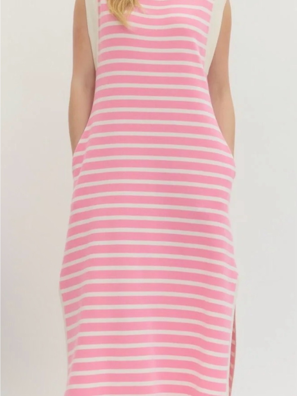 entro Pink & Off-White Striped Sleeveless Knit Midi Dress